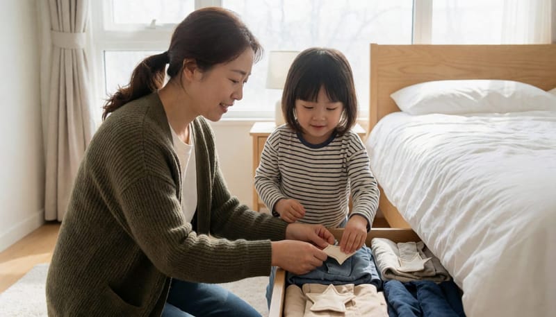 색 이름 대신 모양 태그로 옷을 구분하도록 돕는 생활 관리법 실천 장면