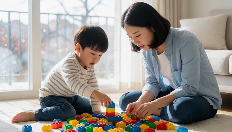 엄마와 아이가 거실에서 색깔 블록을 가지고 놀며 아이가 헷갈려하는 모습