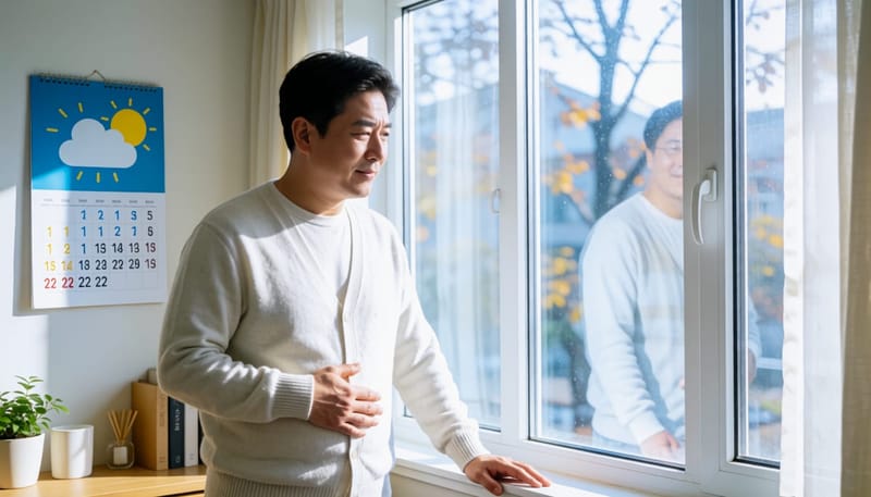 환절기 아침 배변 불편감을 느끼는 중년 남성