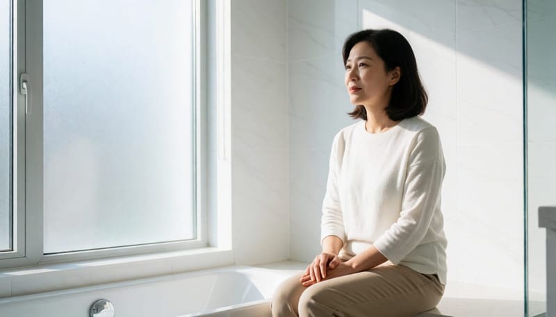 혈변 증상에 걱정스러운 표정을 짓는 여성