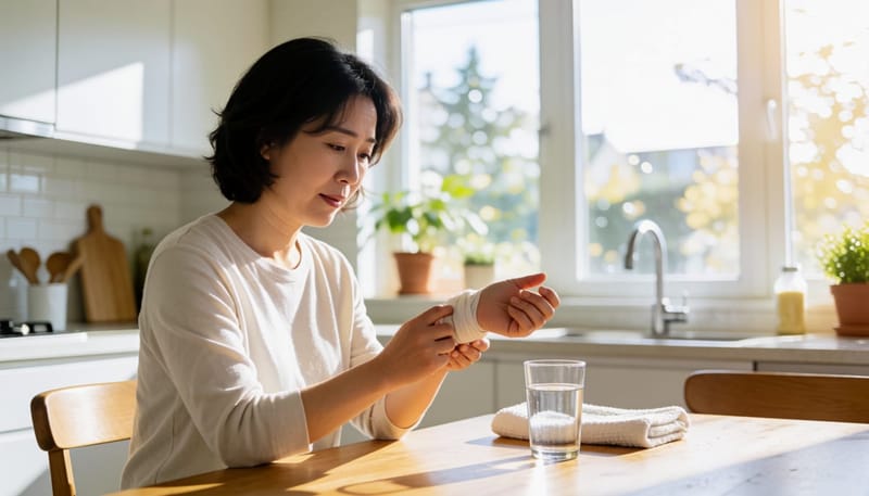 손목을 돌려보며 통증 여부를 확인하는 여성