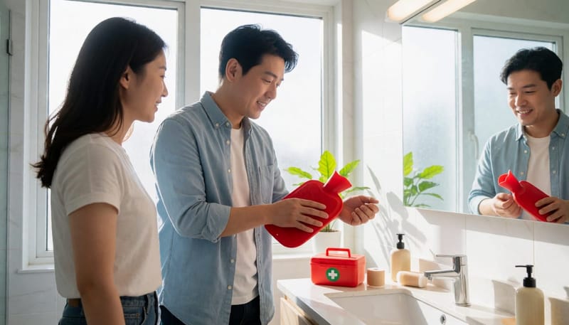 손목에 온찜질을 해야 할지 고민하는 모습