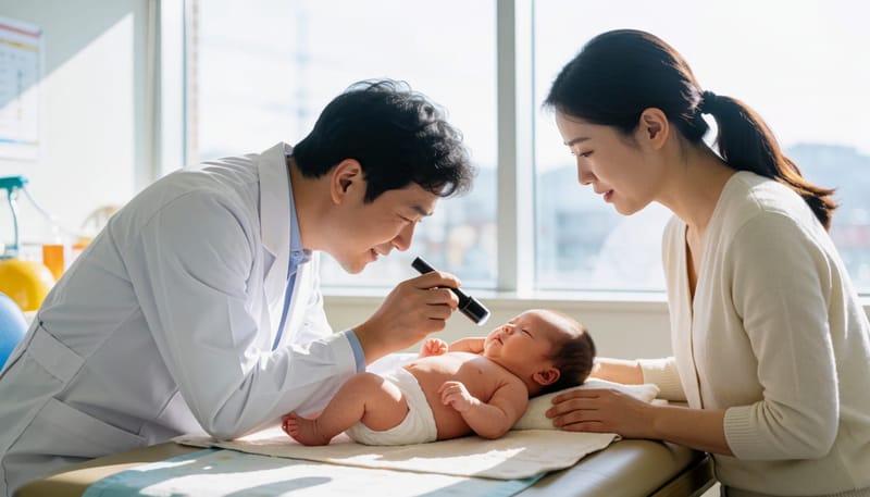 소아과에서 신생아 눈을 진찰하는 의사