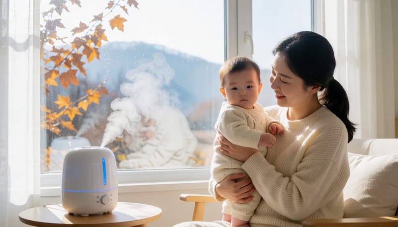건조한 환절기 창밖 풍경과 실내 가습기