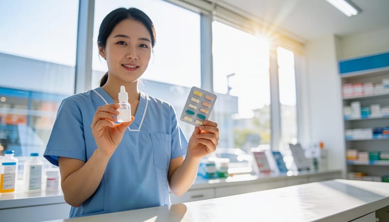 안약과 먹는 약 등 서로 다른 대처 방법을 비교해서 들어 보이는 약사의 모습