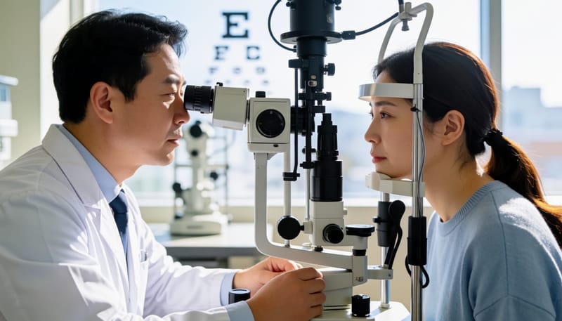 안과에서 세극등 검사로 눈 상태를 진료받는 환자의 모습