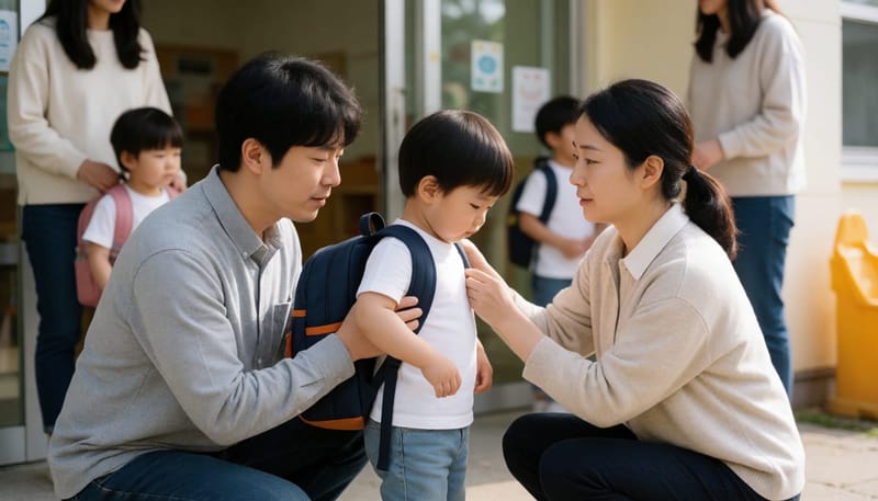 어린이집 등원 준비하는 부모와 아이