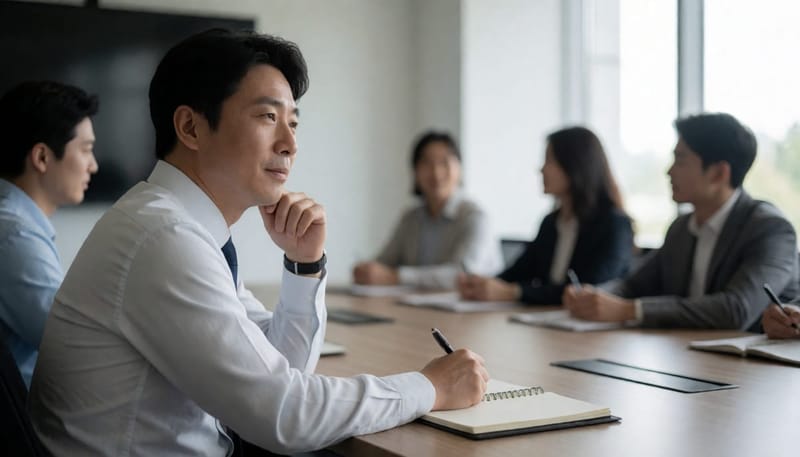 회의 중 하품을 참으며 손으로 입을 가리는 남성