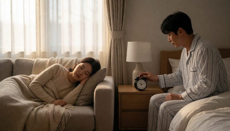 낮잠 자는 여성과 밤에 알람을 맞추는 남성이 함께 담긴 장면