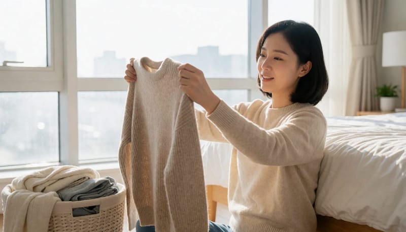 니트를 살펴보며 원인을 고민하는 여성