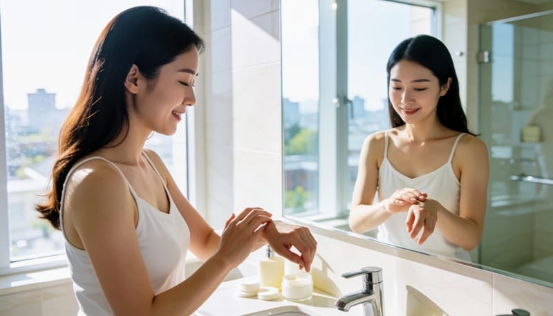 보습제를 손목에 바르며 관리하는 모습