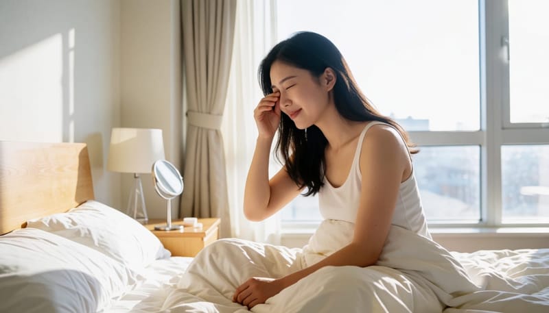 침대에서 일어나 한쪽 눈을 비비며 따가움을 느끼는 여성