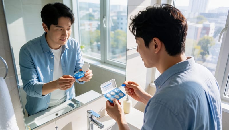 렌즈 종류를 비교하며 대응법을 고민하는 남성