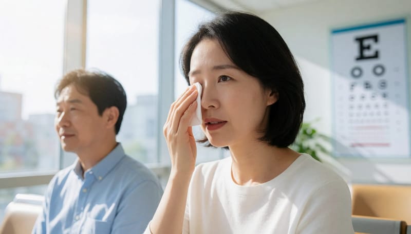 눈의 심한 통증으로 걱정스러운 표정을 짓는 환자