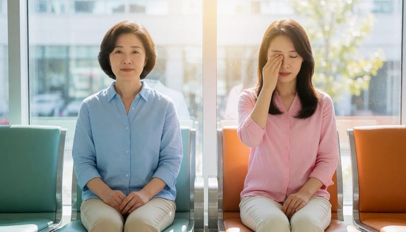 눈 상태가 다른 두 여성이 나란히 앉아 있는 모습