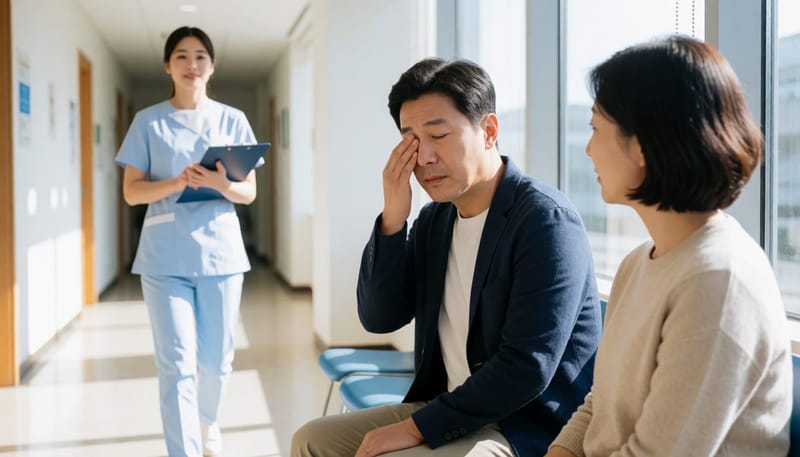 병원 복도에서 눈을 감싸고 불편해하는 남성
