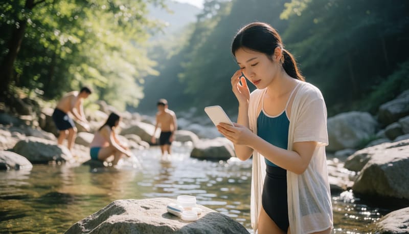 장마 끝난 여름 계곡에서 물놀이 전 렌즈 상태를 점검하는 여성