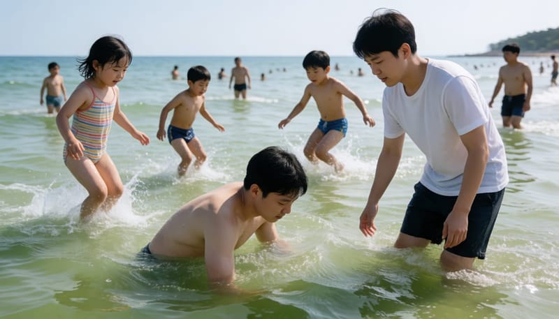 세균이 번식하기 쉬운 탁한 여름 바닷물에서 물놀이하는 사람들