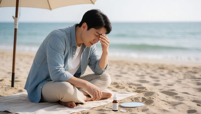 물놀이 후 눈이 아파 자가 점검을 하는 남성