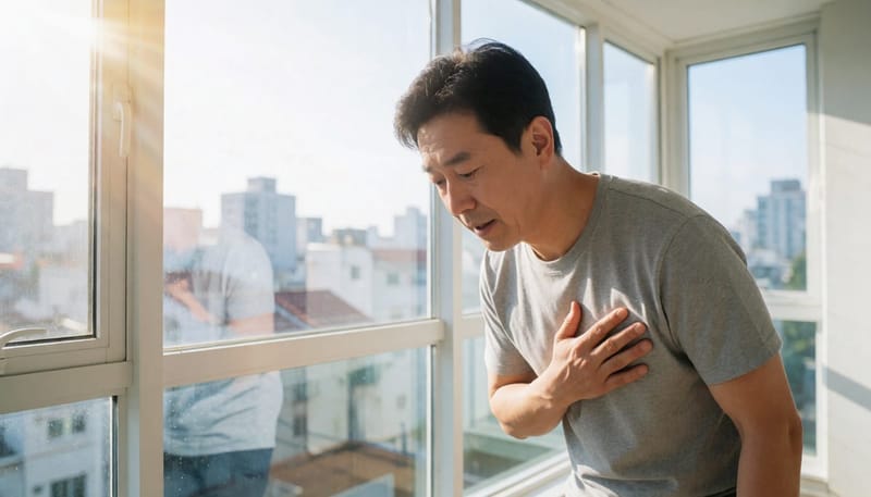 아침 발코니에서 기침을 하며 가슴에 손을 올린 중년 남성
