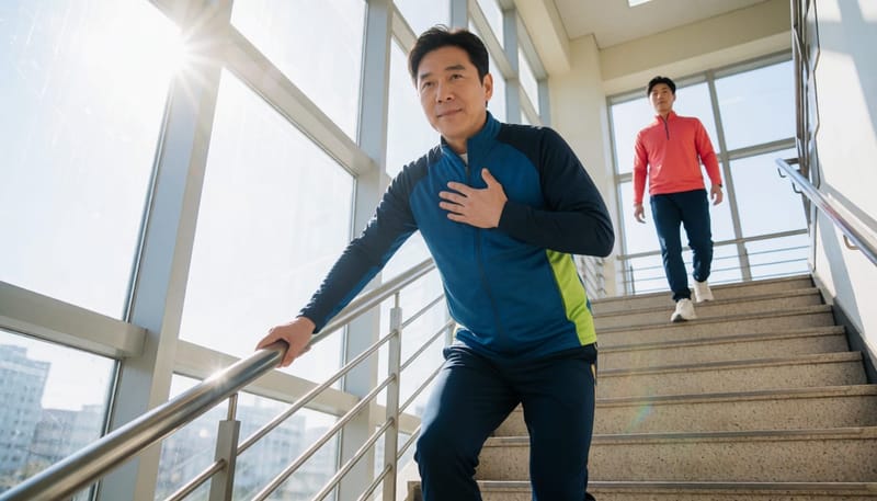 계단을 오르다 숨이 차서 난간을 잡고 멈춰선 남성