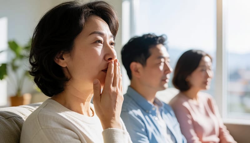 소파에 앉아 기침을 하는 여성의 옆모습 클로즈업