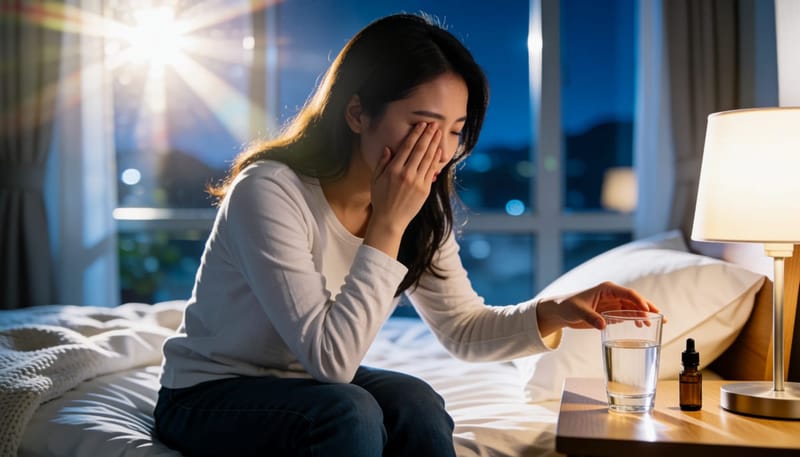 밤에 쓰라린 눈을 감싸며 안약을 찾는 여성의 모습