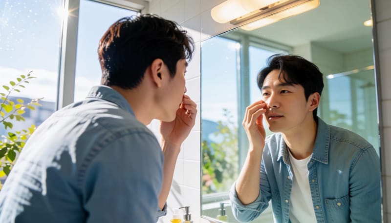 거울 앞에서 눈 상태를 스스로 확인하는 남성