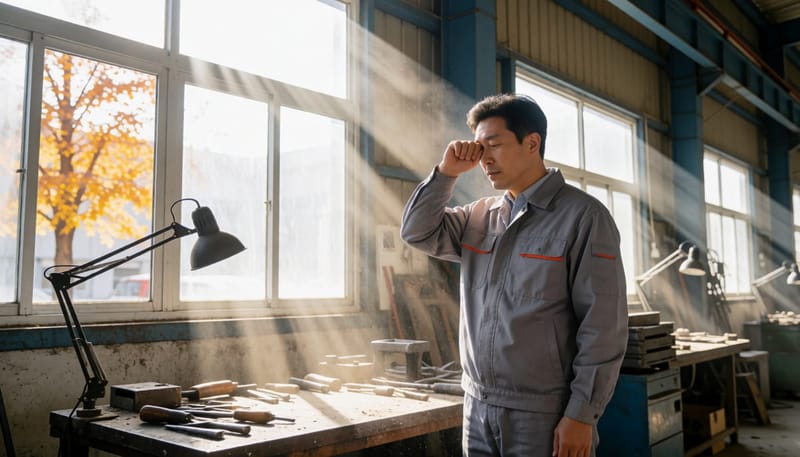 환절기 작업장에서 건조한 공기 속 눈을 비비는 작업자