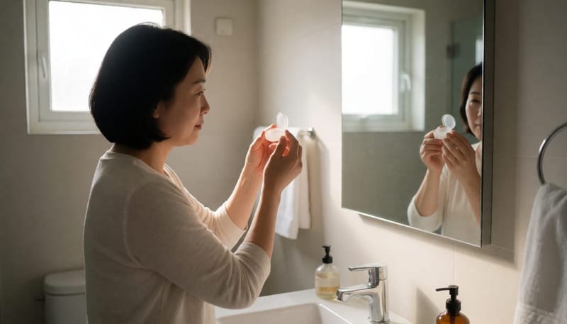 아침 화장실 거울 앞에서 렌즈 케이스를 확인하는 여성