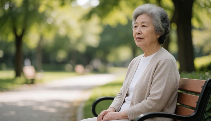 공원 벤치에 앉아 흐릿하게 먼 곳을 바라보는 노년 여성