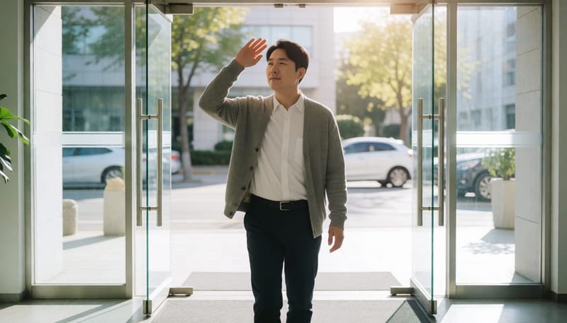 실내에서 밝은 야외로 나오며 눈부심에 손을 드는 남성
