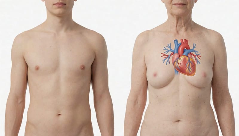젊은 연령대의 근육·연골성 통증과 중년 이후의 심장 관련 원인을 좌우로 비교한 설명 그림