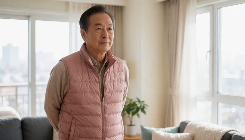 가슴 통증 완화를 위해 집에서 가벼운 스트레칭을 하는 60대 남성
