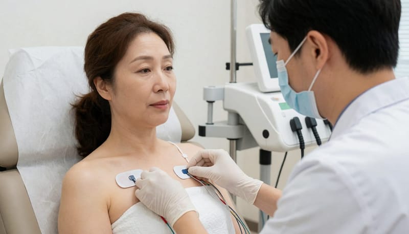 가슴 통증이 운동 때문이 아닐 가능성을 확인하기 위해 심전도 검사를 받는 40대 여성