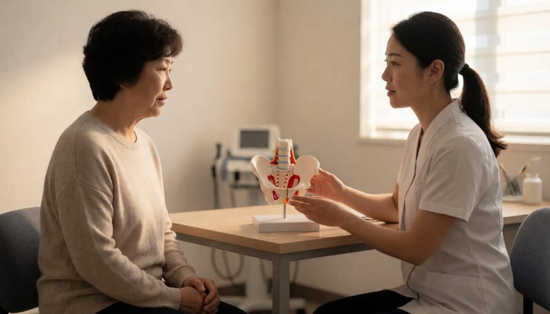 물리치료사와 상담하며 치료법을 논의하는 여성의 모습