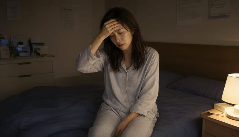 야간 식은땀으로 잠을 설친 뒤 침대에 걸터앉아 지쳐 있는 여성