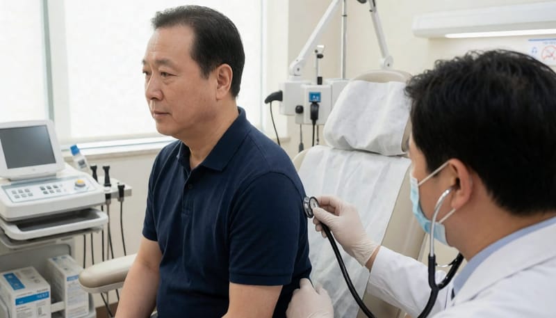 3주 넘게 기침과 체중감소가 이어져 병원에서 청진 검사를 받는 남성