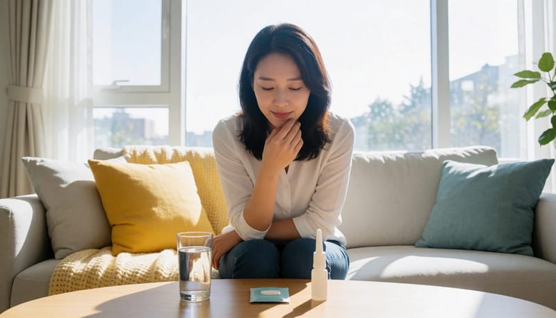 거실 소파에서 목을 만지며 물, 목캔디, 코 스프레이를 앞에 두고 자신의 기침 유형을 살펴보는 여성