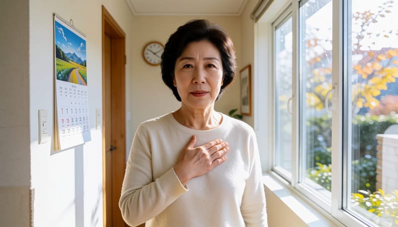 이른 아침 복도에서 가슴에 손을 얹고 걱정스러운 표정으로 서 있는 여성, 뒤로 벽걸이 달력과 시계