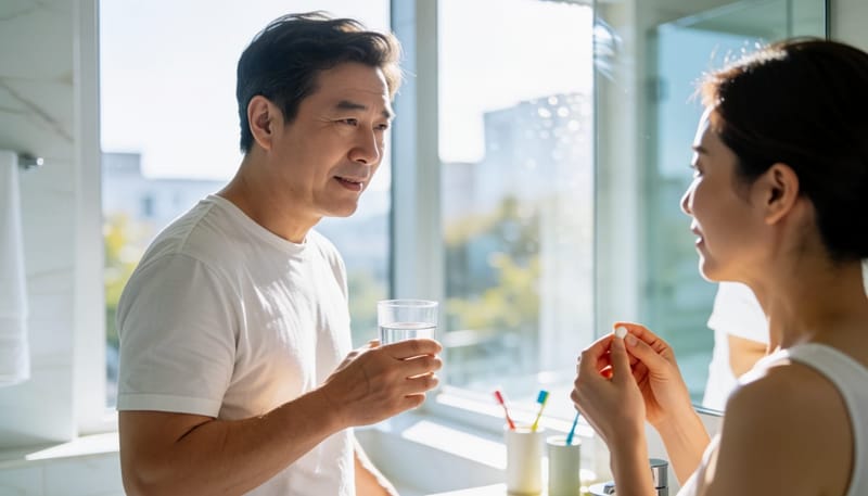 욕실에서 혈압약을 먹으려다 기침하는 중년 남성