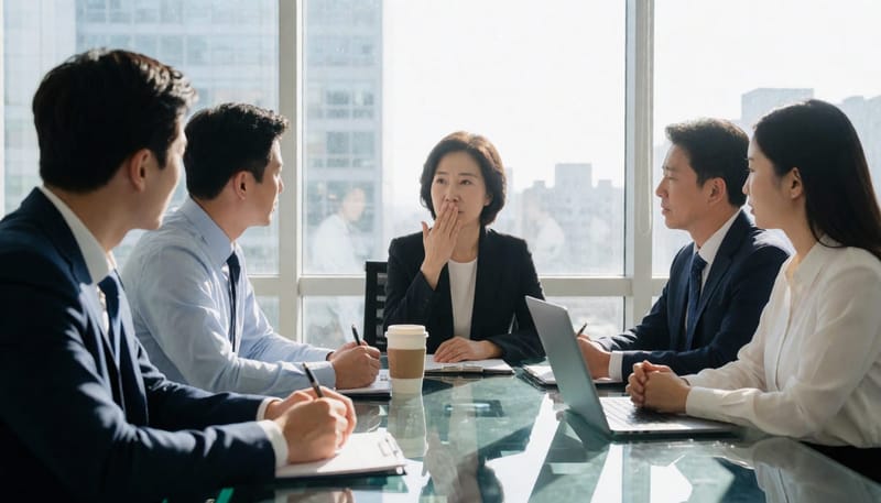 회의 중 갑자기 기침이 나와 당황하는 직장인 여성