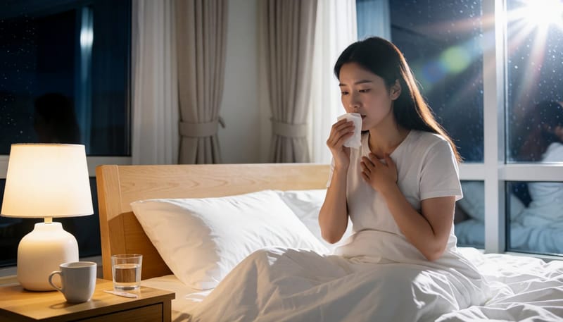 한밤중 기침 때문에 잠에서 깨어 괴로워하는 여성