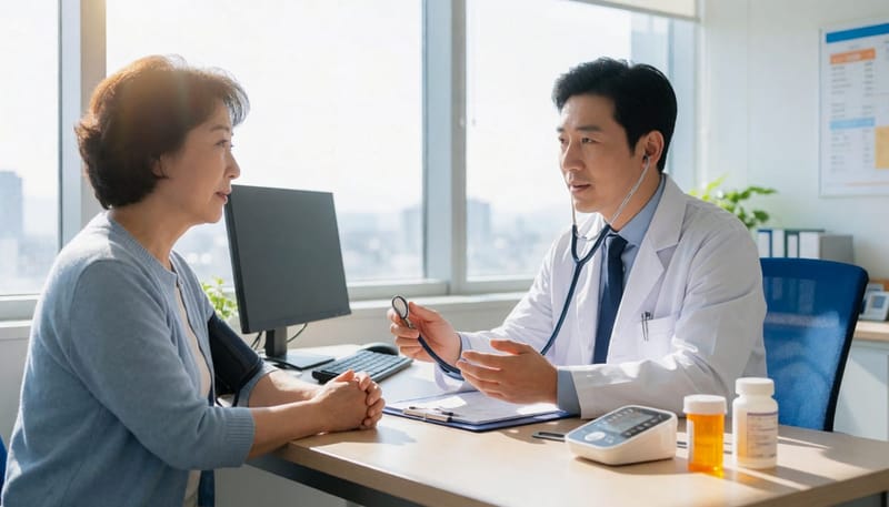 의사와 환자가 혈압약 성분 변경을 상담하는 진료실 장면