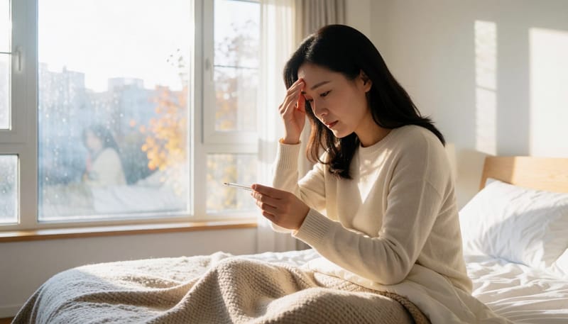 이른 아침 침대에 앉아 체온계를 확인하며 이마를 짚는 여성