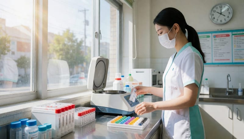 진단검사실에서 서로 다른 검사키트를 정리하는 간호사