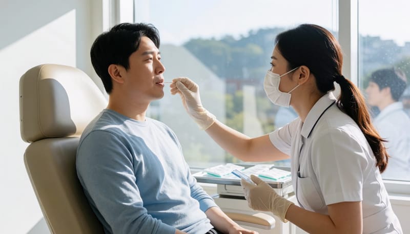 의료진이 환자에게 비강 검체 채취 검사를 진행하는 모습