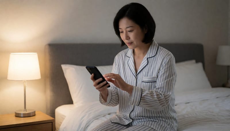 잠들기 전 스스로 맥박과 건강 상태를 확인하는 여성의 모습