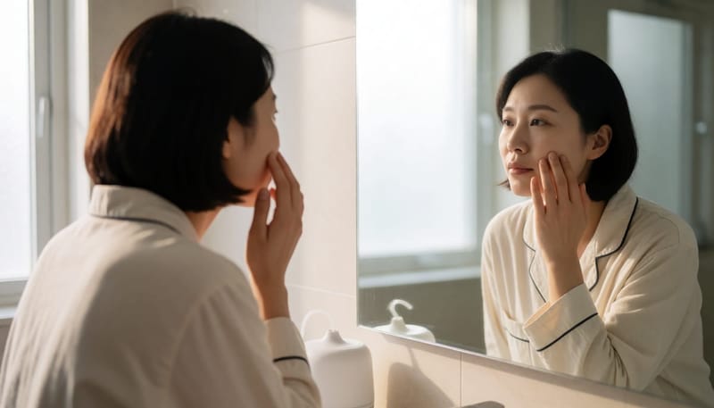 환절기 아침 거울 앞에서 얼굴 붓기를 확인하는 여성