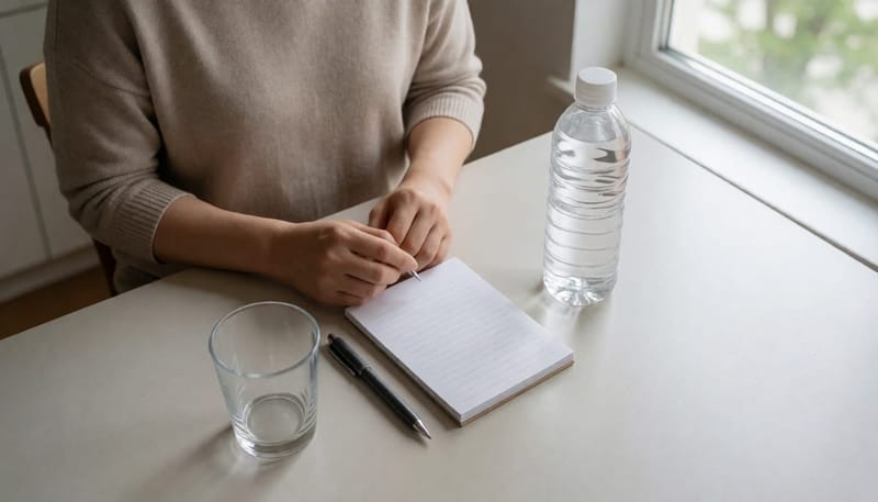 물을 줄일지 고민하는 상황을 보여주는 물병과 빈 컵 플랫레이